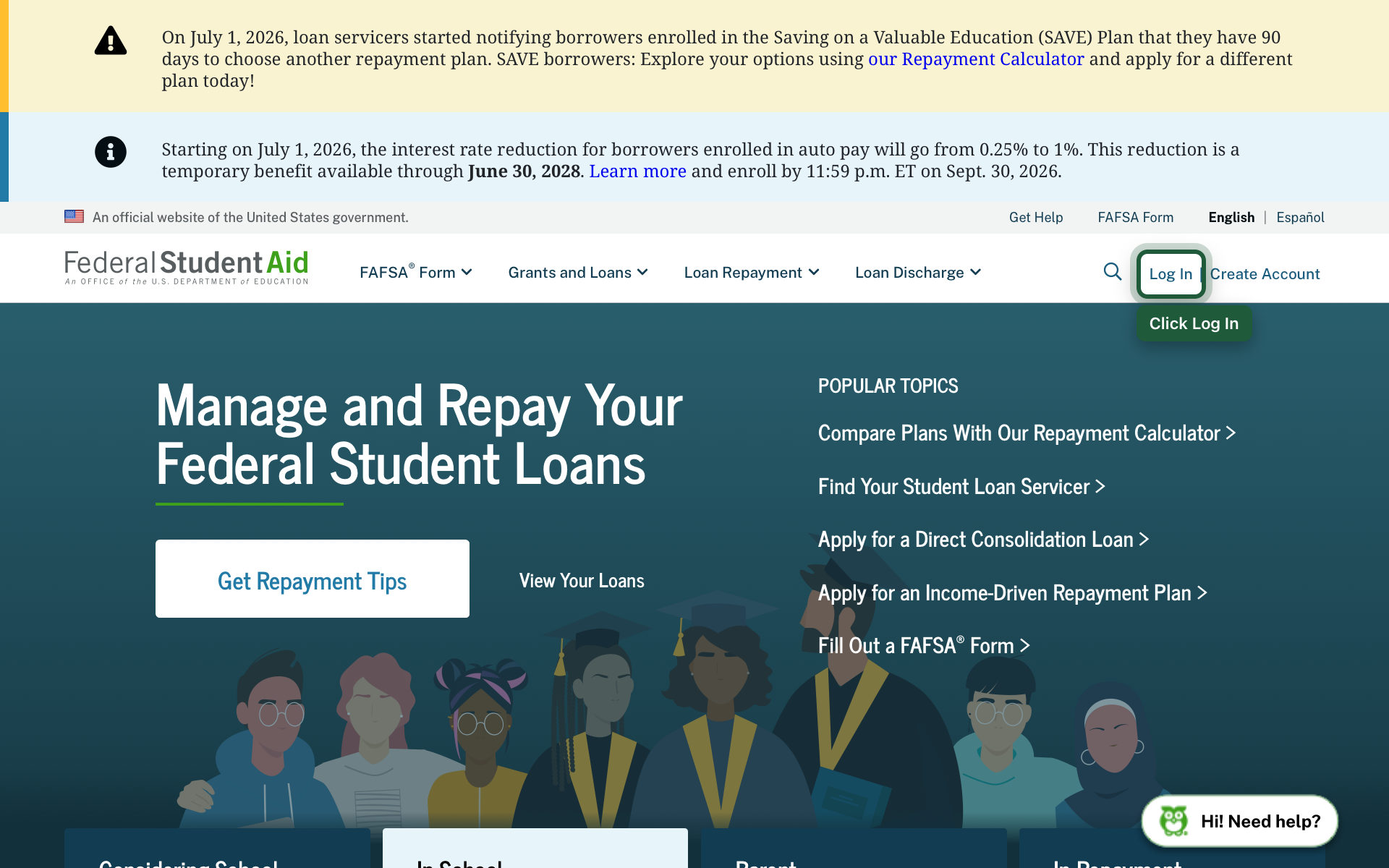 studentaid.gov with the Log In button outlined