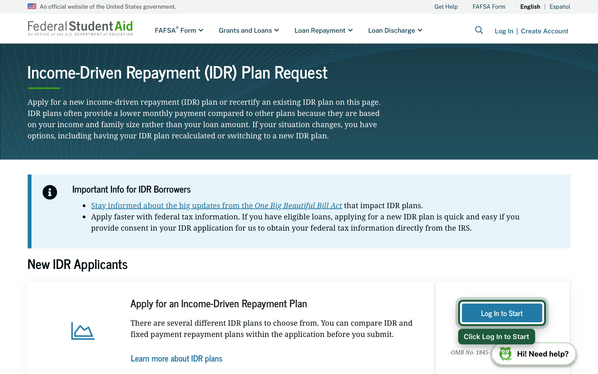 The IDR Plan Request page at studentaid.gov