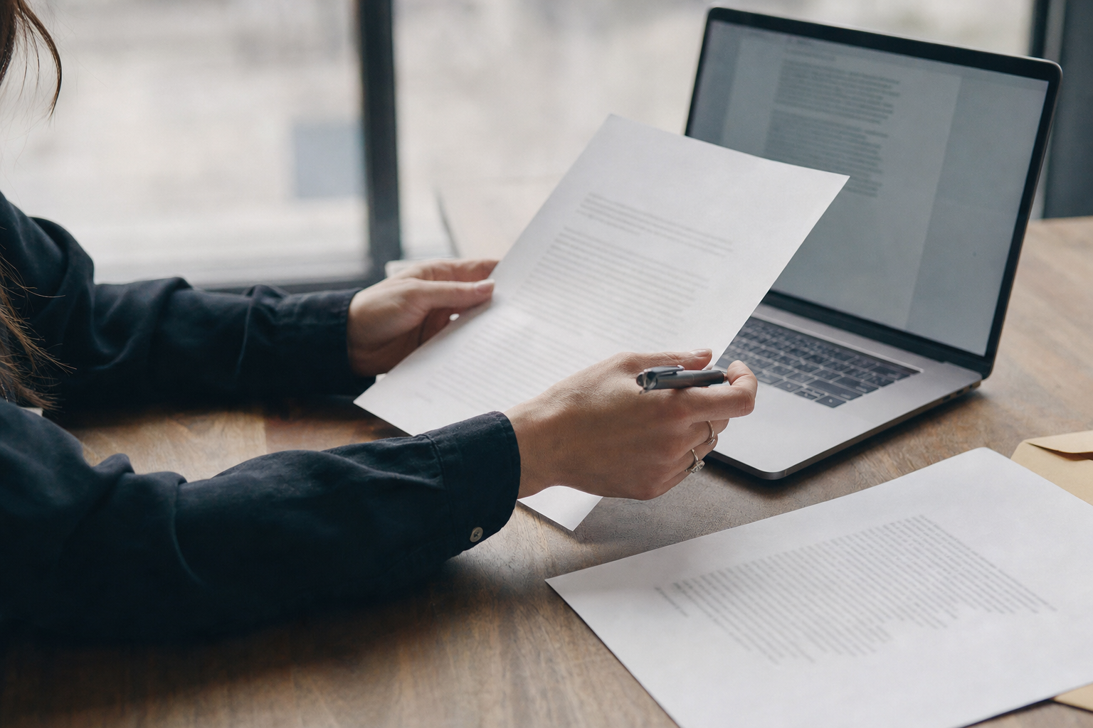 Hands holding a printed repayment plan over a desk with a pen and a phone