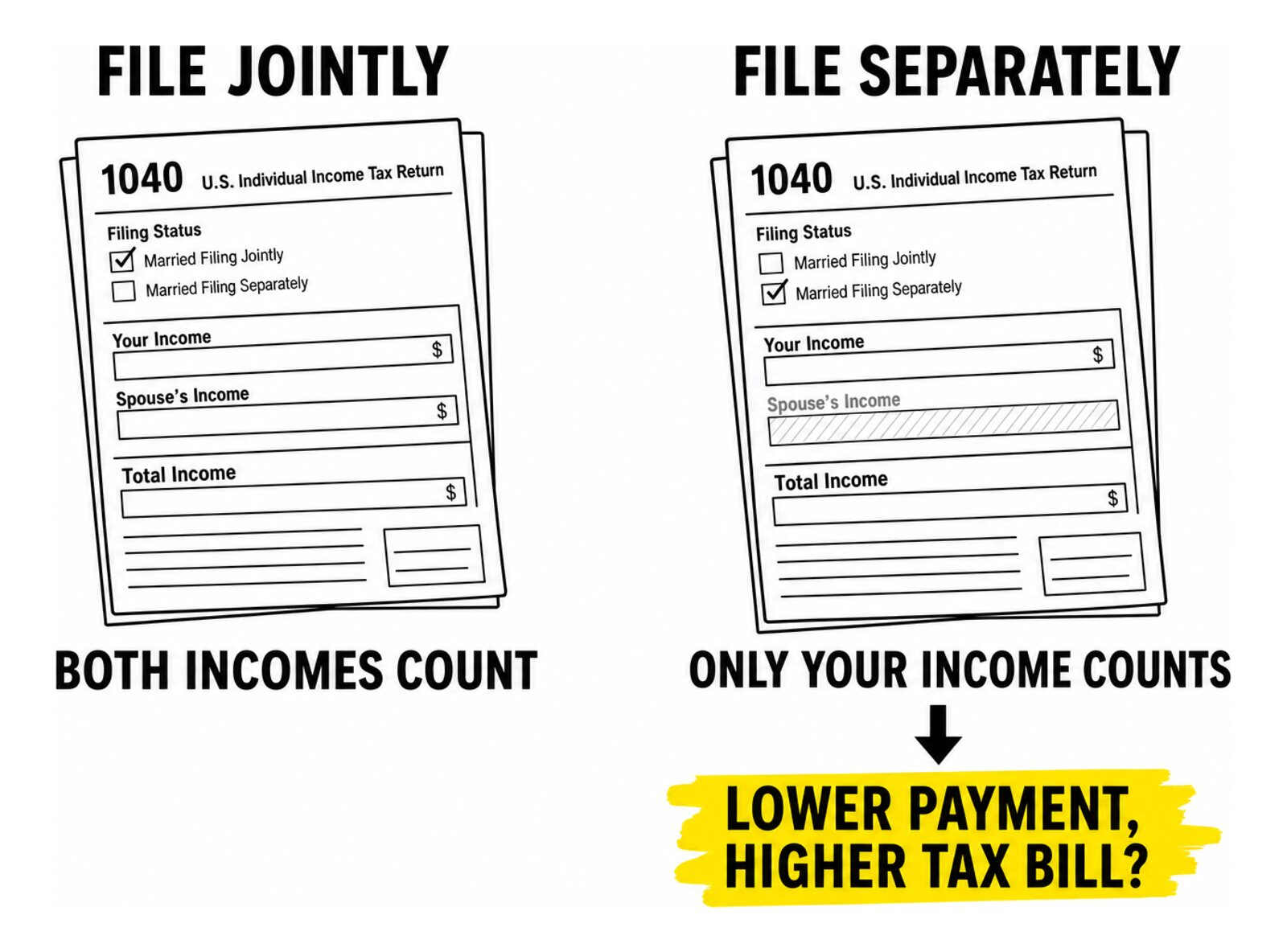 Two tax forms side by side: file jointly, both incomes count; file separately, only your income counts, lower payment, higher tax bill?