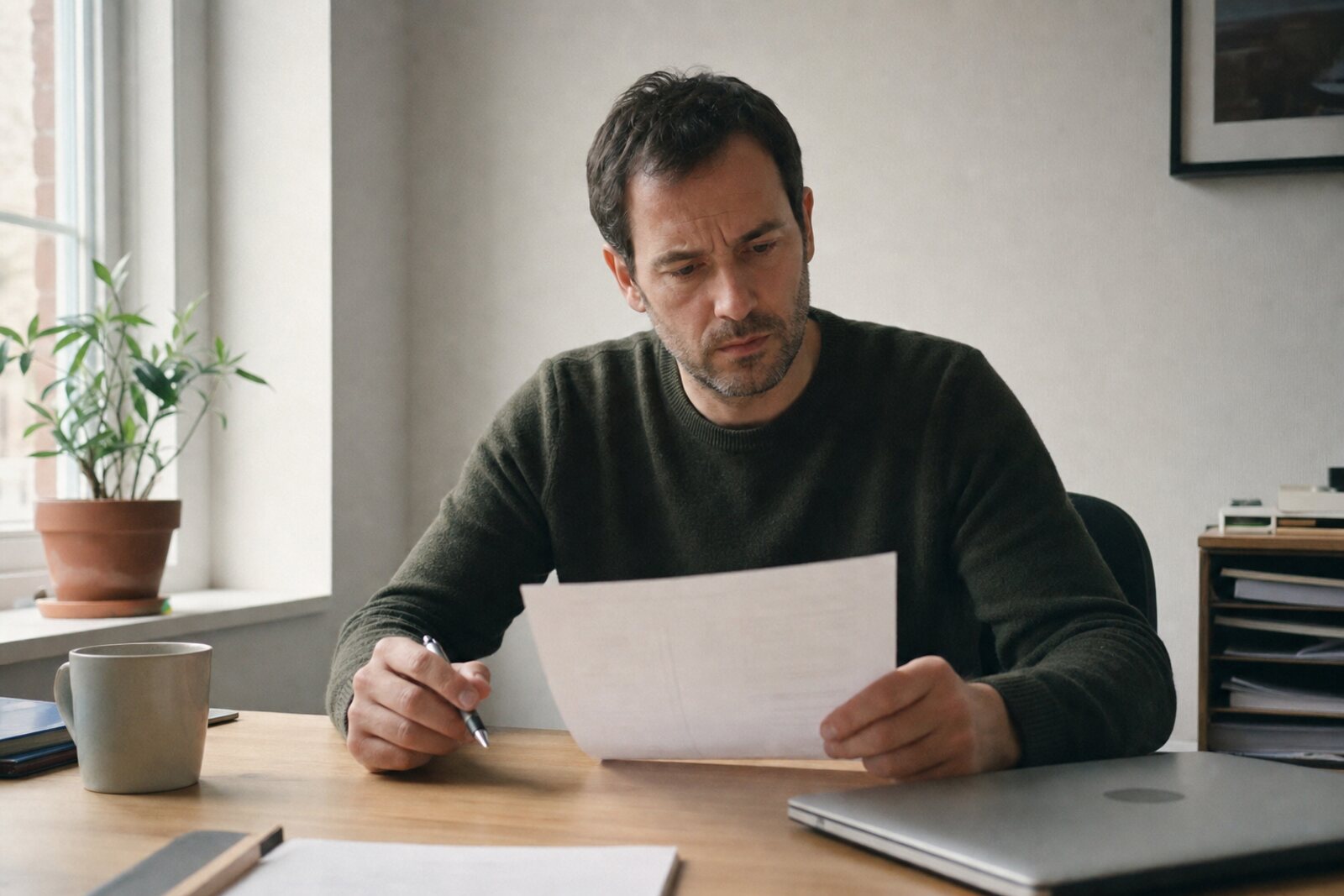 A man at a desk by a window reading a printed repayment plan with a pen in his hand