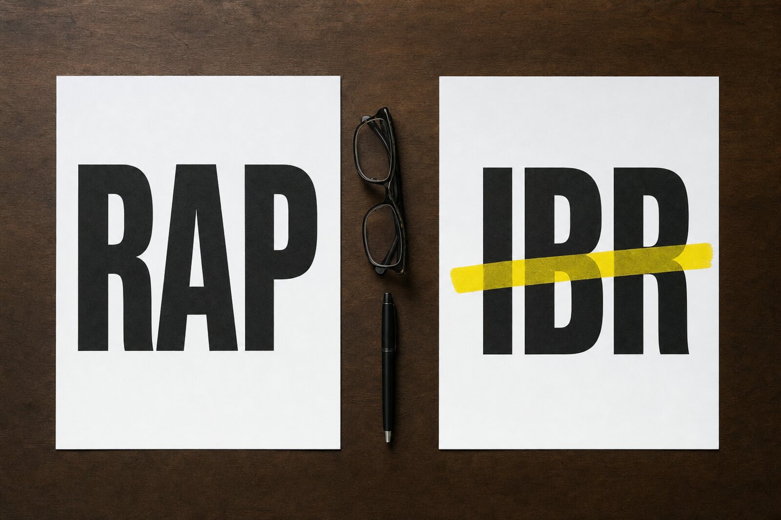 Two sheets of paper on a desk, one printed RAP and one printed IBR, the IBR sheet marked with a yellow highlighter