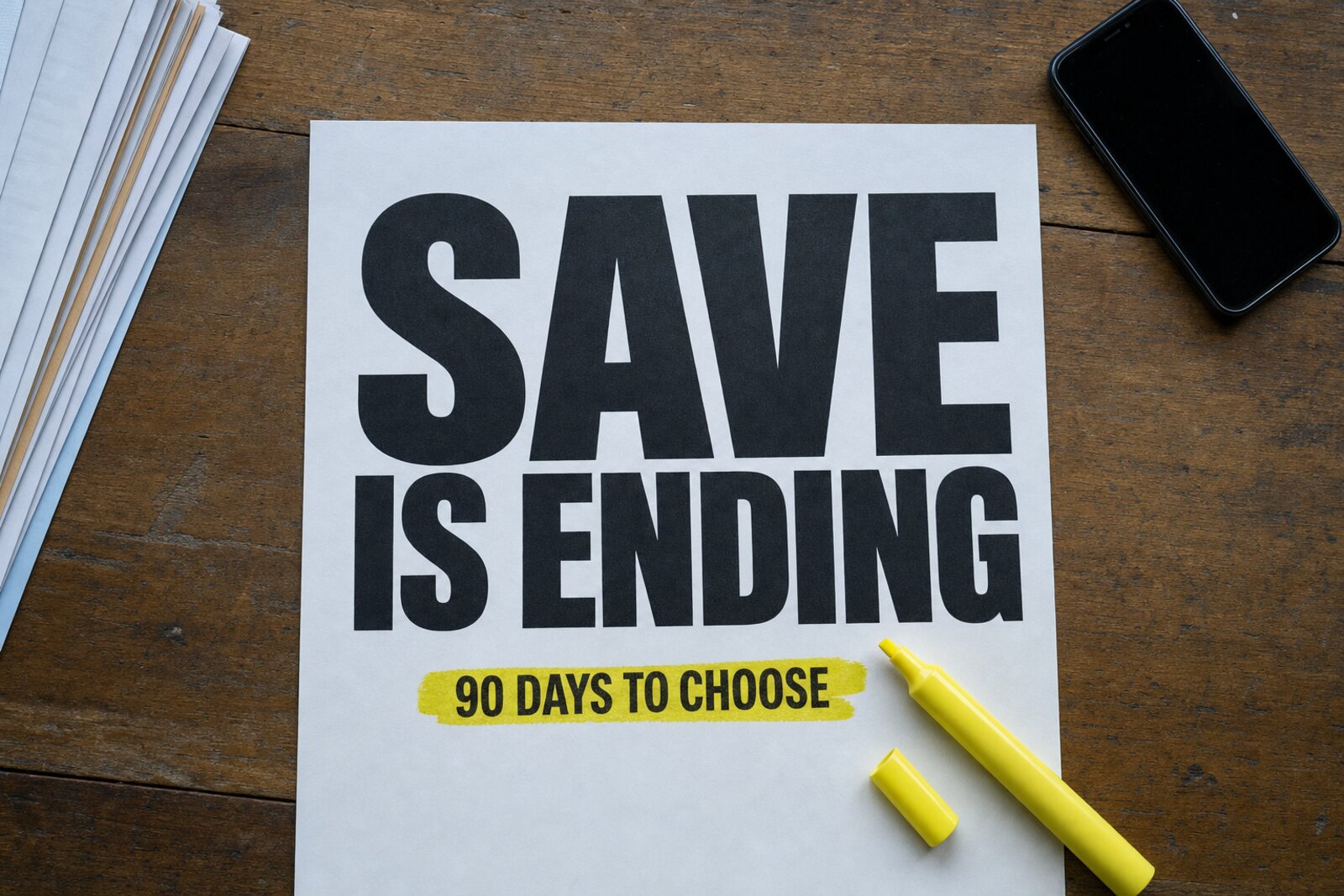 A sheet of paper on a kitchen table printed with the words SAVE IS ENDING, and 90 DAYS TO CHOOSE marked with a yellow highlighter
